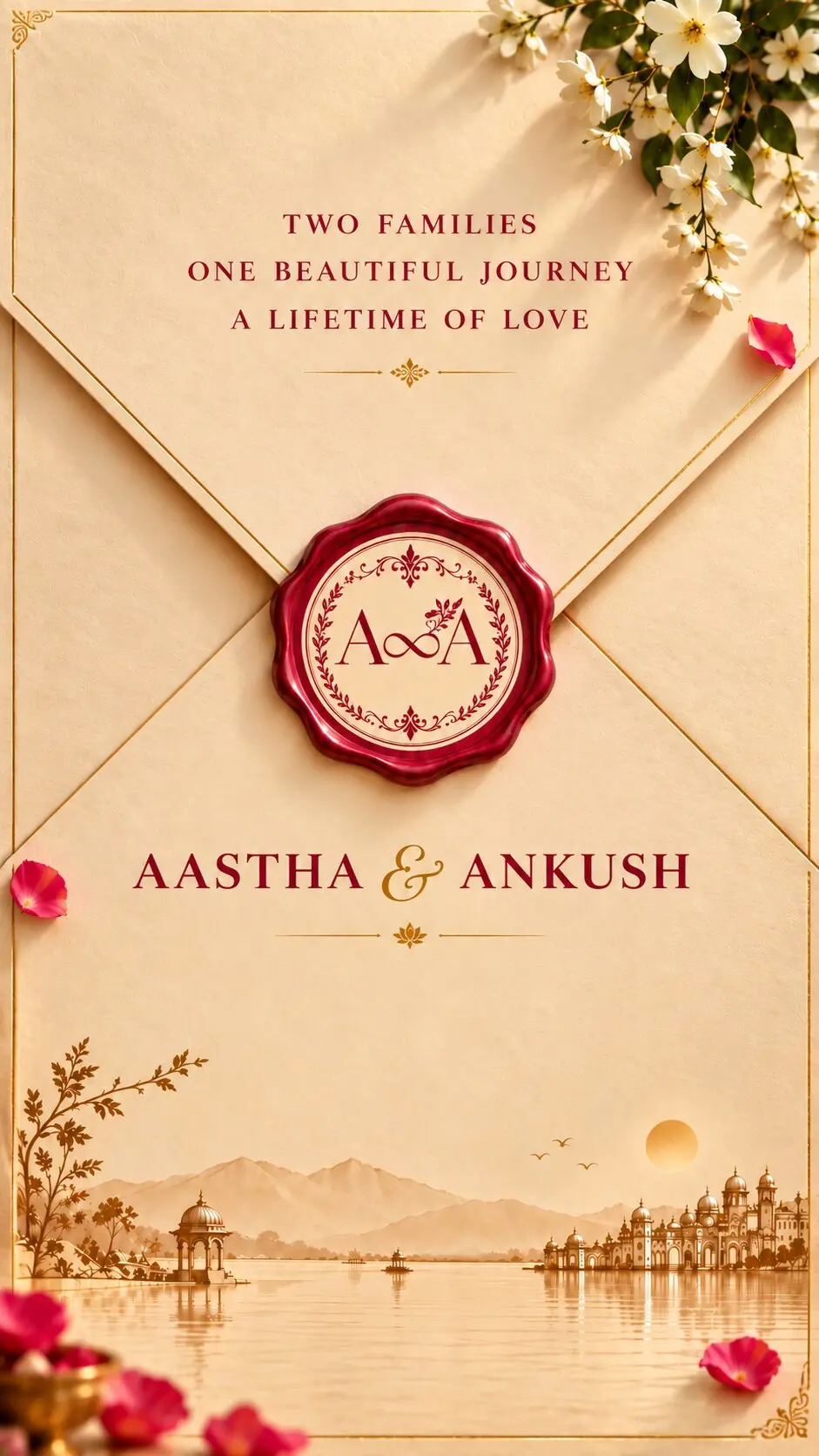 Aastha & Ankush invitation cover with a pink A infinity A wax seal