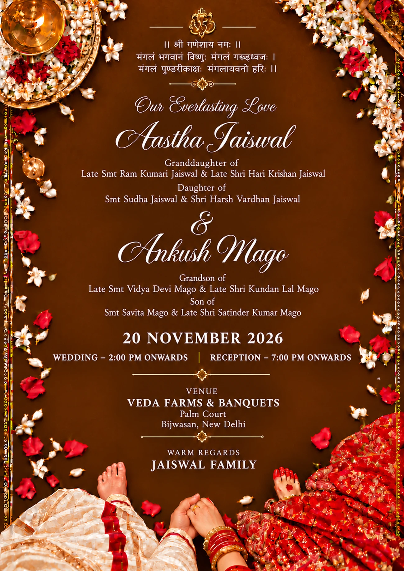 Aastha Jaiswal & Ankush Mago, wedding on 20 November 2026, 2 PM onwards, reception 7 PM onwards, Palm Court, Veda Farms & Banquets, Bijwasan, New Delhi